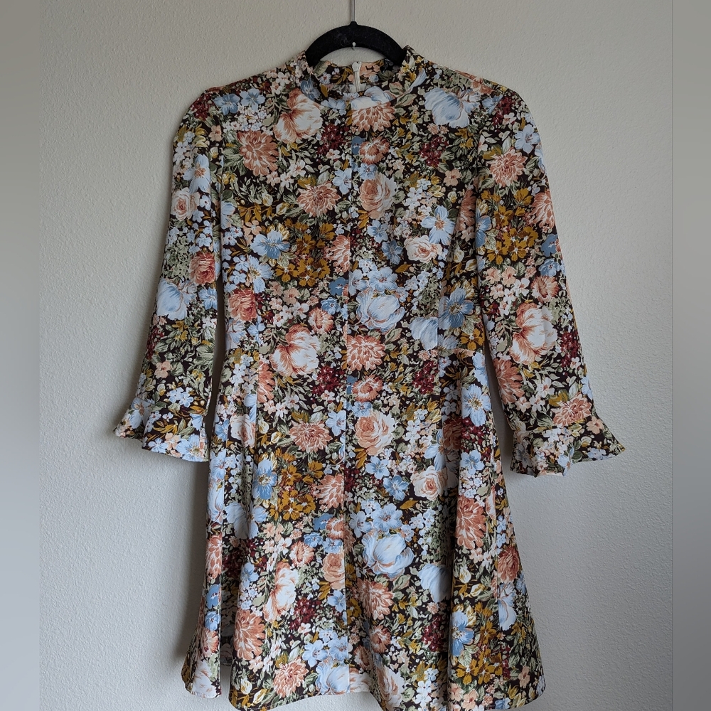 Zara Floral Midi Dress in Blue, Pink, Mustard and Brown